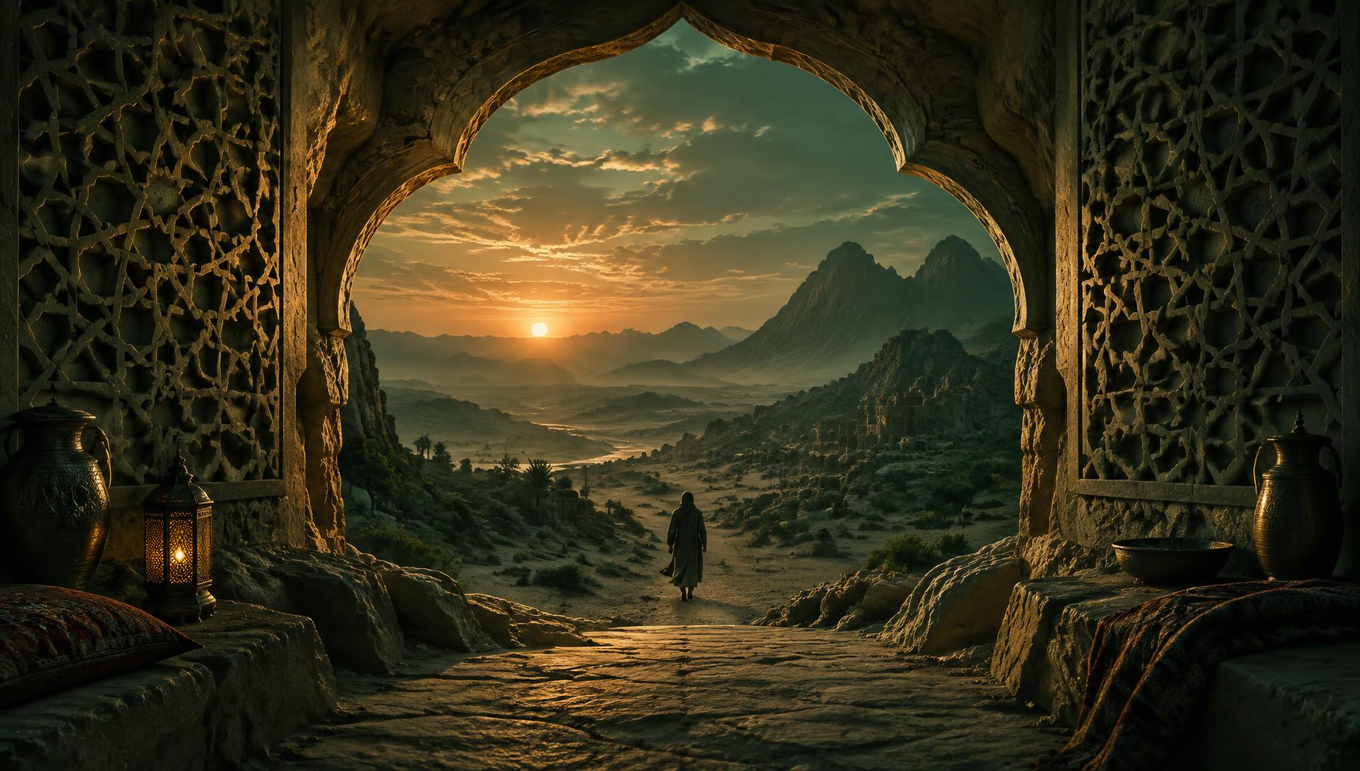 Looking out from a carved cave arch over a desert valley at dusk